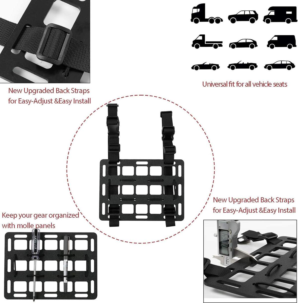 Rigid Molle Panels for Vehicles + Molle Headrest Panel Universal Tactical Molle Seat Back Panel Organizer Modular Storage & Display for Tactical Gears Accessories