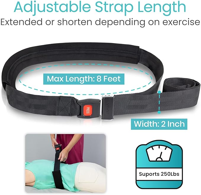 Vive Mobilization Belt for Physical Therapy with Buckle - Manual Traction Stretching Band - PT Traction Strap Belt for Stretching, Mobility, Massages & Exercise (Black)