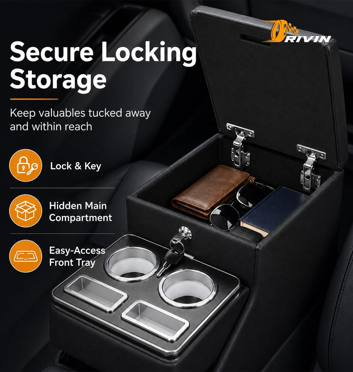 20" L x 9.65" W x 13.78" H, 24L Center Console Between Seats for Minivans, SUVs & Trucks, Floor/Bench Seat Organizer with Locking Hidden Storage, Dual Cup Holders & Armrest
