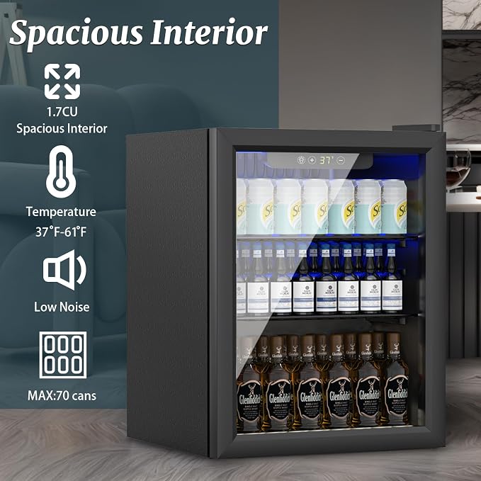 Compact 70 Can/1.7Cu.Ft Mini Fridge, Reversible Glass Front Door | For Soda, Beer or Wine, Portable Small Beverage Refrigerator with Digital Display & Removable Shelves for Office, Dorm, Bar