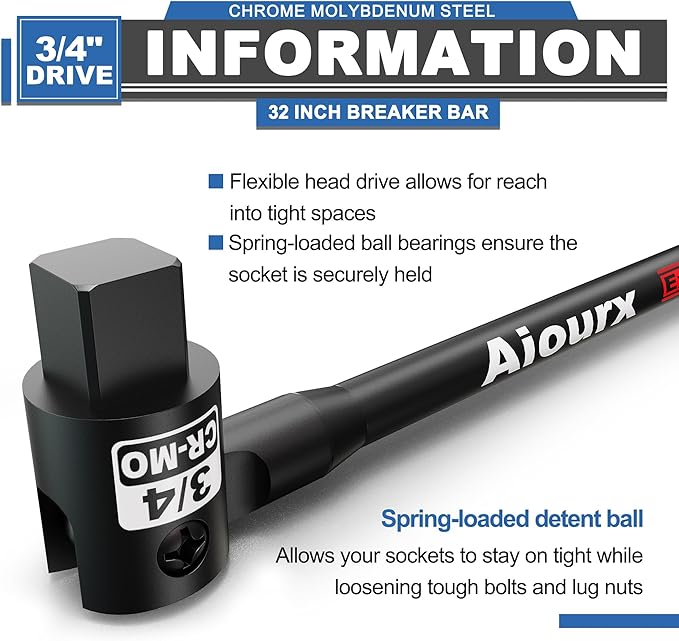 3/4” Drive 32 Inch Breaker Bar, Heavy Duty Head, Premium Chromium-Molybdenum Steel, Laser Etched Marking, for Loosen Rusted, Stubborn, Stuck Nuts and Bolts