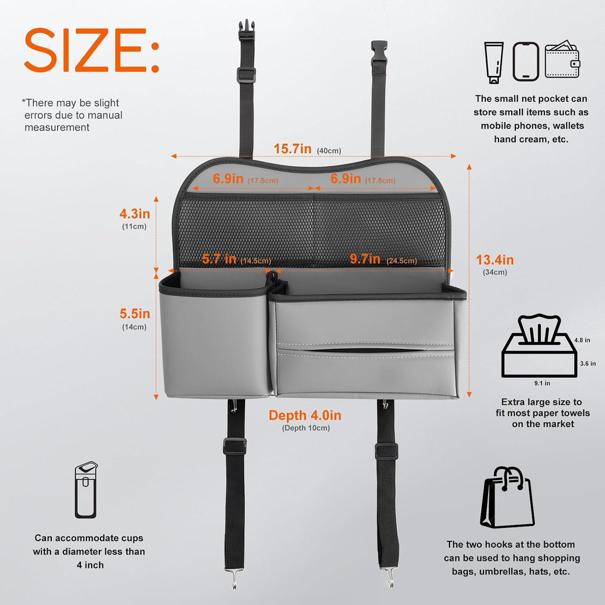 Multifunctional Car Seat Back Organizer with Large Tissue Box Holder, Large Water Bottle Storage, Phone Pouch for Road Trips (Gray)