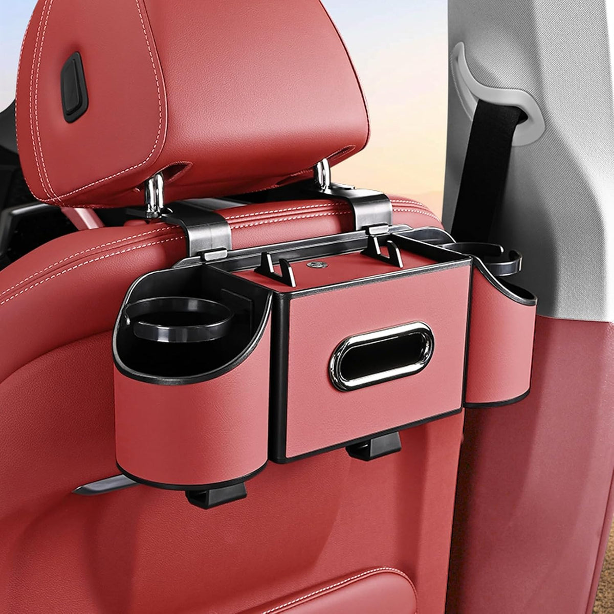 Back Seat Car Organizer,4 in 1 Multifunctional Car Back Seat Storage Box with Drink Cup Holder Tissue Box, for Hold Phone,Snacks, Drinks, Handbag-Light Brown