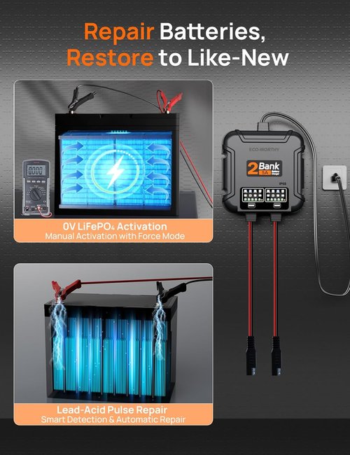 ECO-Worthy 2 Bank Marine Battery Charger - 10A Waterproof 12V Maintainer for Boat, RV & Car