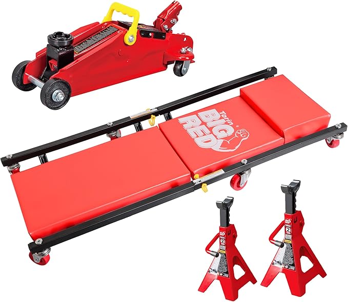 Big RED AT82040R Torin Hydraulic Trolley Floor Service/Floor Combo with 2 Jack Stands and Rolling Garage/Shop Creeper, 2 Ton (4,000 lb) Capacity, Red