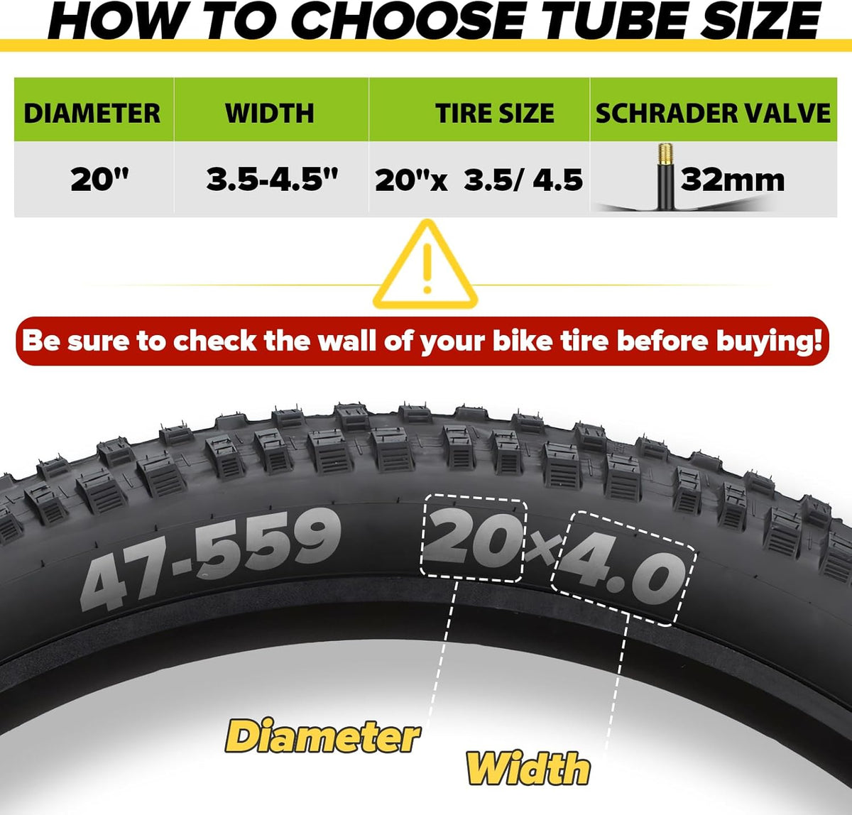 Premium Butyl Rubber Fat Bike Tube - 20x4 & 26x4.0 with AV 32mm Schrader Valve | Includes Tire Levers