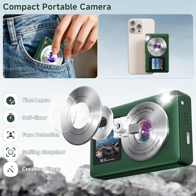 Digital Camera, 56MP 2.7K Dual-Screen Selfie Camera