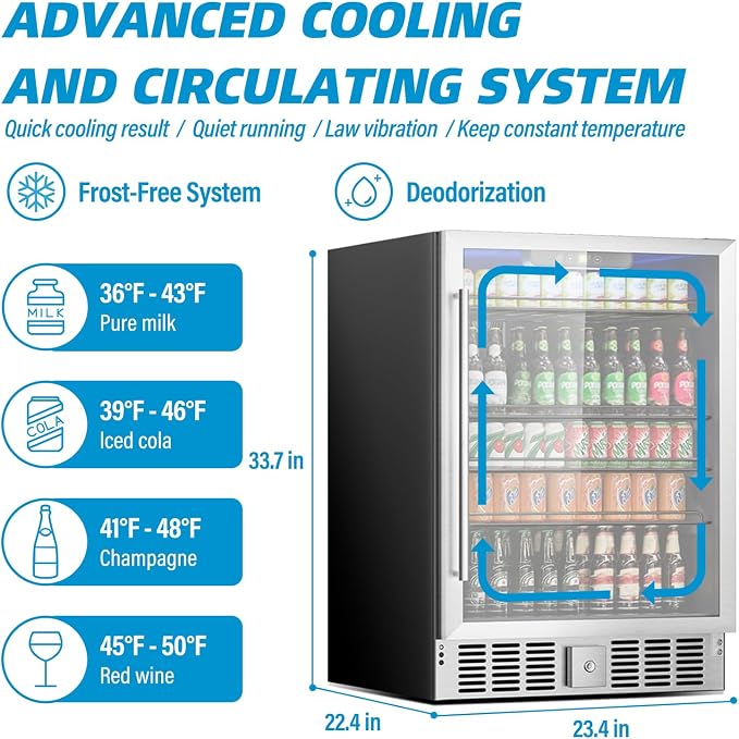 Erivess 24" Fridge 166 Can Wine and Beverage Refrigerator Cooler Glass Door | 5.3 Cu Ft Drink Fridge Large Capacity for Home/Bar with LED Display, Digital Temperature Control, Removable Shelves, Silver