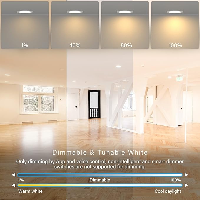 4" LED Smart Slim Recessed Pot Light, WiFi APP & Voice Control, 120VAC, 9W, 600LM, RGB + 2700K-6000K, ETL & FCC & IC Rated, Wet Location, Compatible with Alexa/Google Home, White - 4 Packs