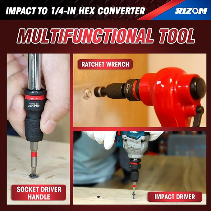Rizom 3-Piece Quick Release Impact Bit Holders, 1/2 3/8 1/4-Inch Square Drive to 1/4-Inch Hex Shank Converter, Impact Wrench Adapters for Ratchet Wrench Drivers, Impact Wrench
