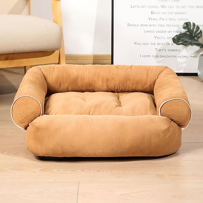 Suede Sofa Dog Bed, Multiple Sizes Orthopedic Memory Foam Mattress, Durable and Calming, Washable Dog Bed with Anti-Slip Bottom S Khaki