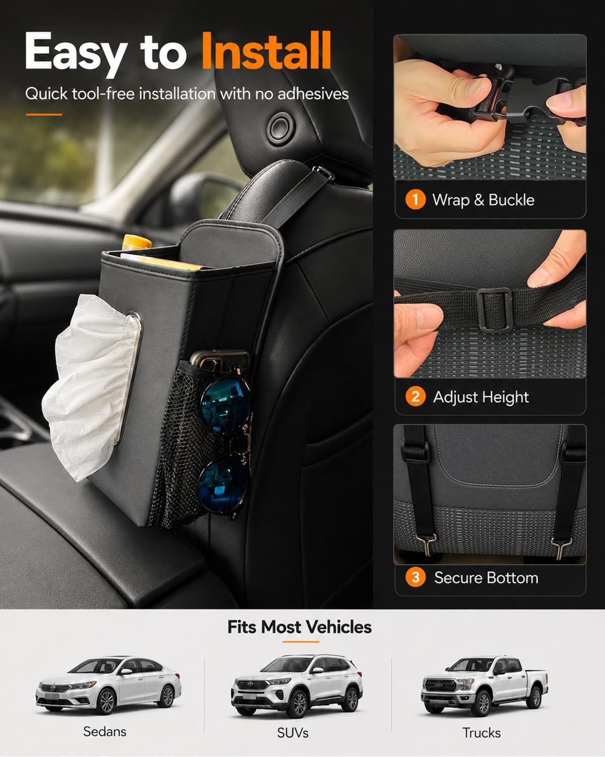 Leather Car Tissue Holder for Front & Back Seats, Car Tissue Box with 2 Side Mesh Pockets, Wide Metal Opening for Easy Pull, Fits 100–160 Count Rectangular Tissue Boxes, Black