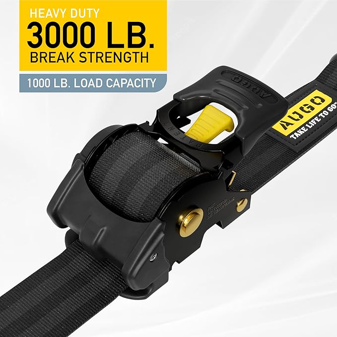 AUGO Retractable Ratchet Straps | 2 Heavy Duty Ratchet Straps Self Retractable Tie Downs with Soft Loops & Storage Bag for Motorcycle, Truck, Trailer, Cargo Van | 3000 Lb Break Strength 2” x 10’