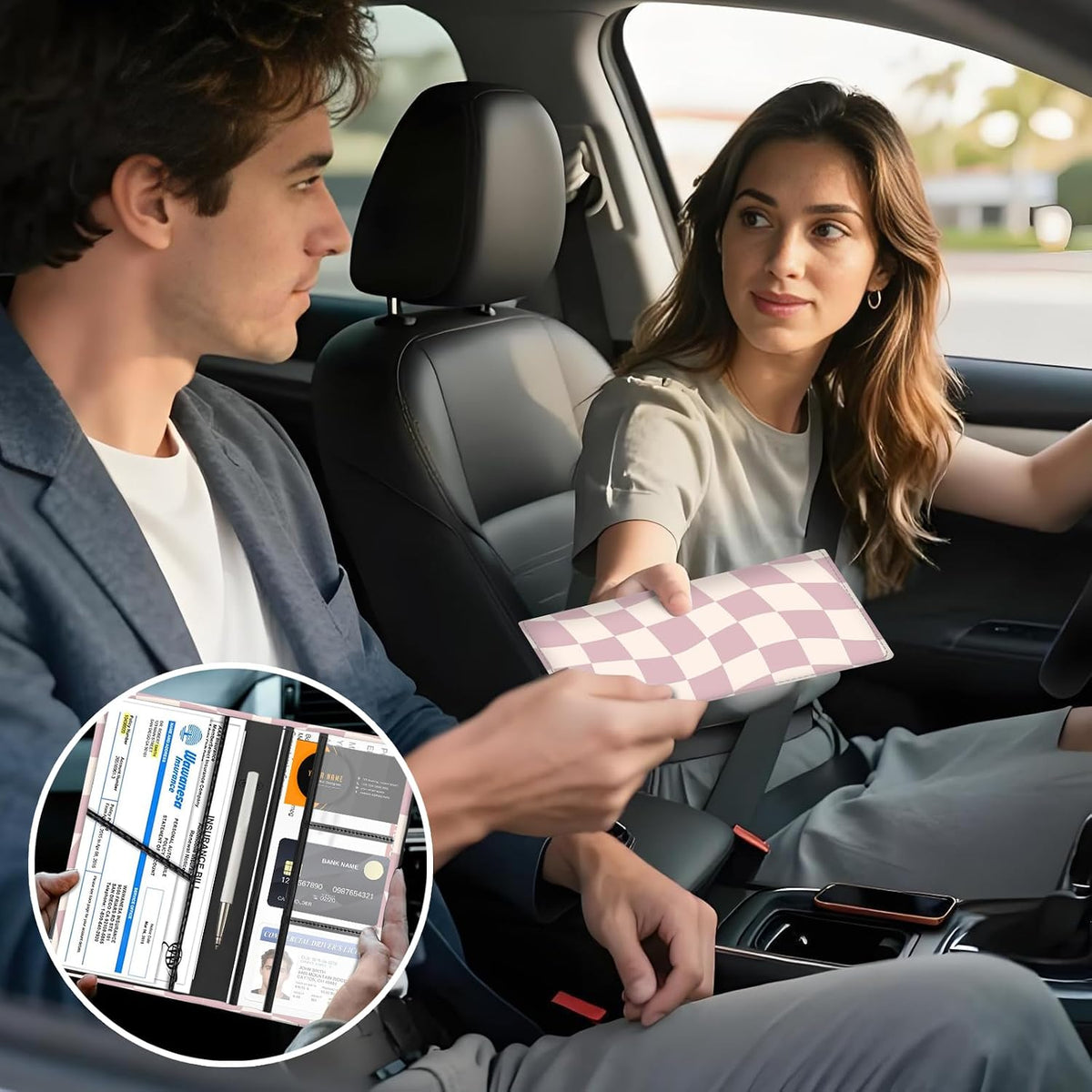 Car Registration and Insurance Holder with Magnetic Shut, Cute Vehicle Glove Box Car Organizer, Premium Interior Car Accessories for Women Men Pink Cute Checkerboard