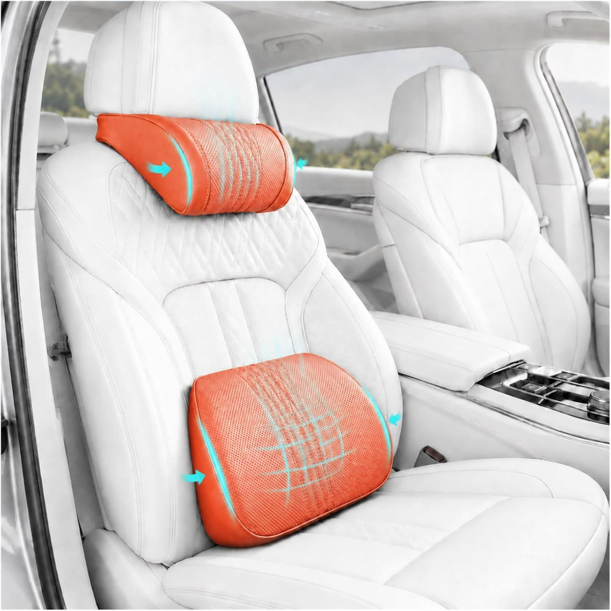 Universal Memory Foam Car Headrest Neck Pillow and Lumbar Support Pillow Set Ergonomic 2 Piece Car Seat Back Cushion with Breathable PU Leather Adjustable Straps for Driving SUVs Trucks，Orange