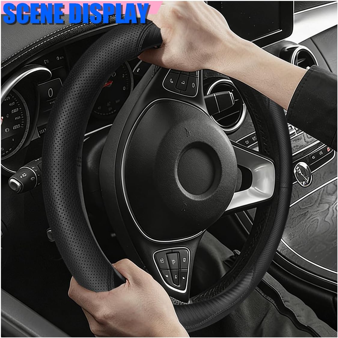 Craedli Carbon Fiber Nappa Leather Car Steering Wheel Cover 14.5-15 Inch
