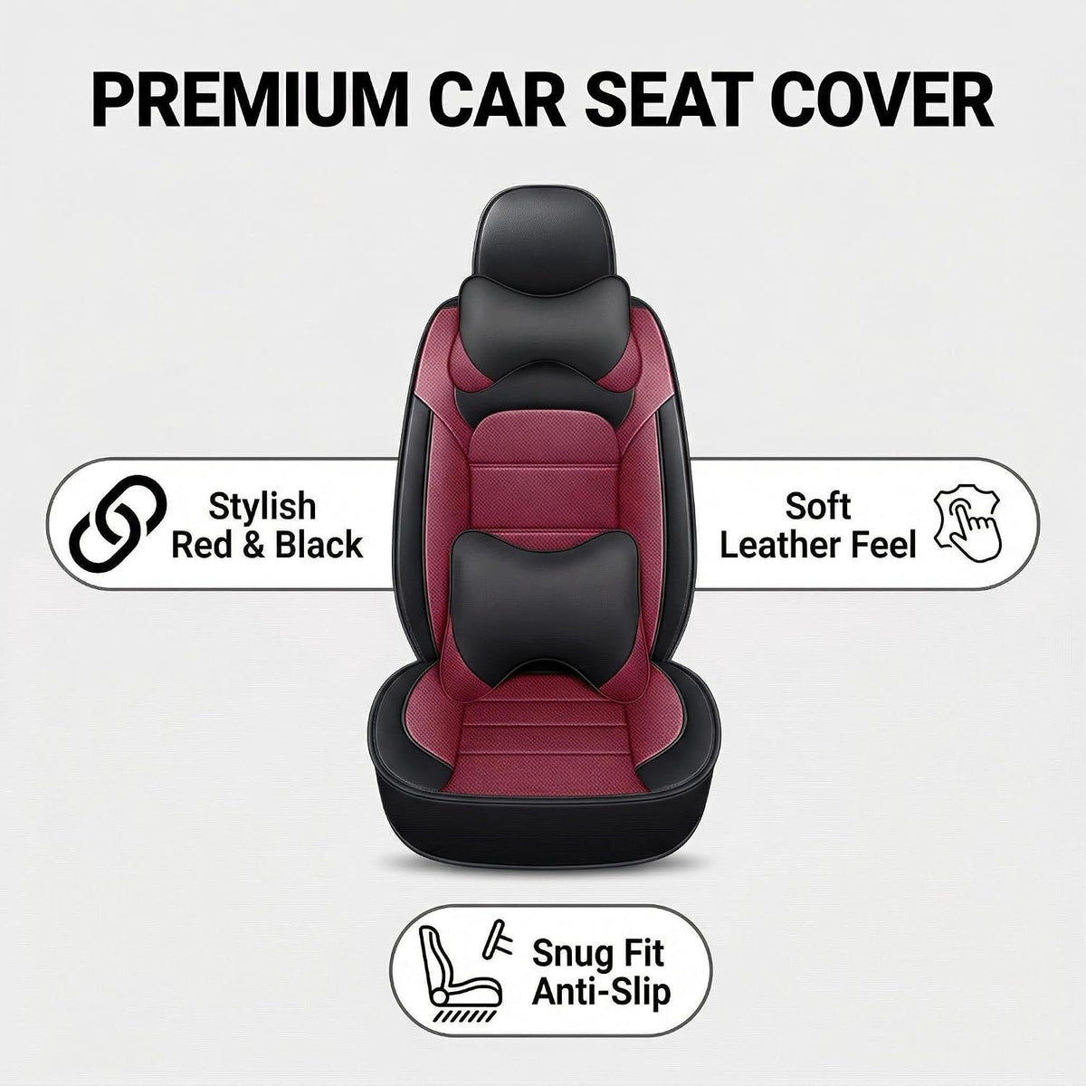 YQ Faux Leather Seat Covers Black Red Full Set w/ 2 Pillows Universal 2 Row