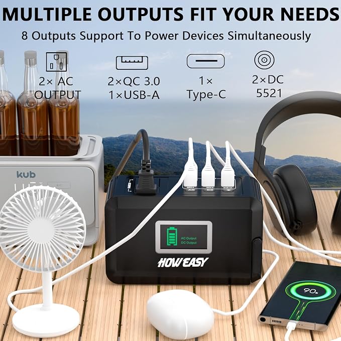 HOWEASY Portable Power Station120W(240W Peak), 24000mAh Camping Solar Generator, Portable Power Bank with 2 110V AC Outlet / 2 DC /3 USB QC3.0/LED Flashlight for Home Camping Emergency Backup