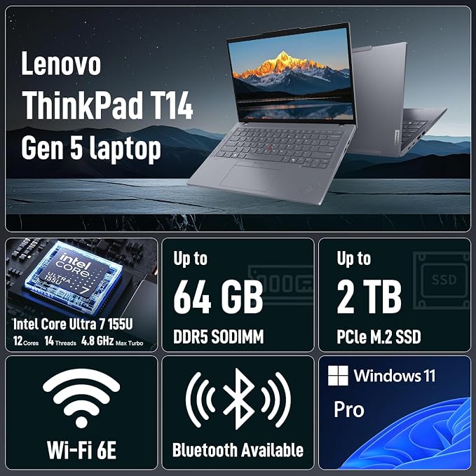 Lenovo ThinkPad T14 Business AI Laptop, 14" FHD+ IPS, Intel Core Ultra 7 155U, 16GB DDR5, 512GB SSD, 5MP Webcam, Fingerprint, Backlit, Wi-Fi 6E, Thunderbolt 4, Windows 11 Pro, 7-in-1 USB-C Hub Bundle