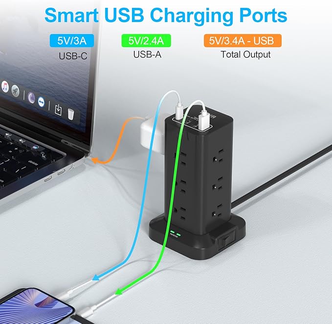 BEVA Power Strip Tower with USB Ports, Surge Protector with USB Ports, 12 AC and 4 USB Ports, 10 FT Extension Cord with Power Surge Tower, Office Supplies Office Organization Dorm Room Essentials