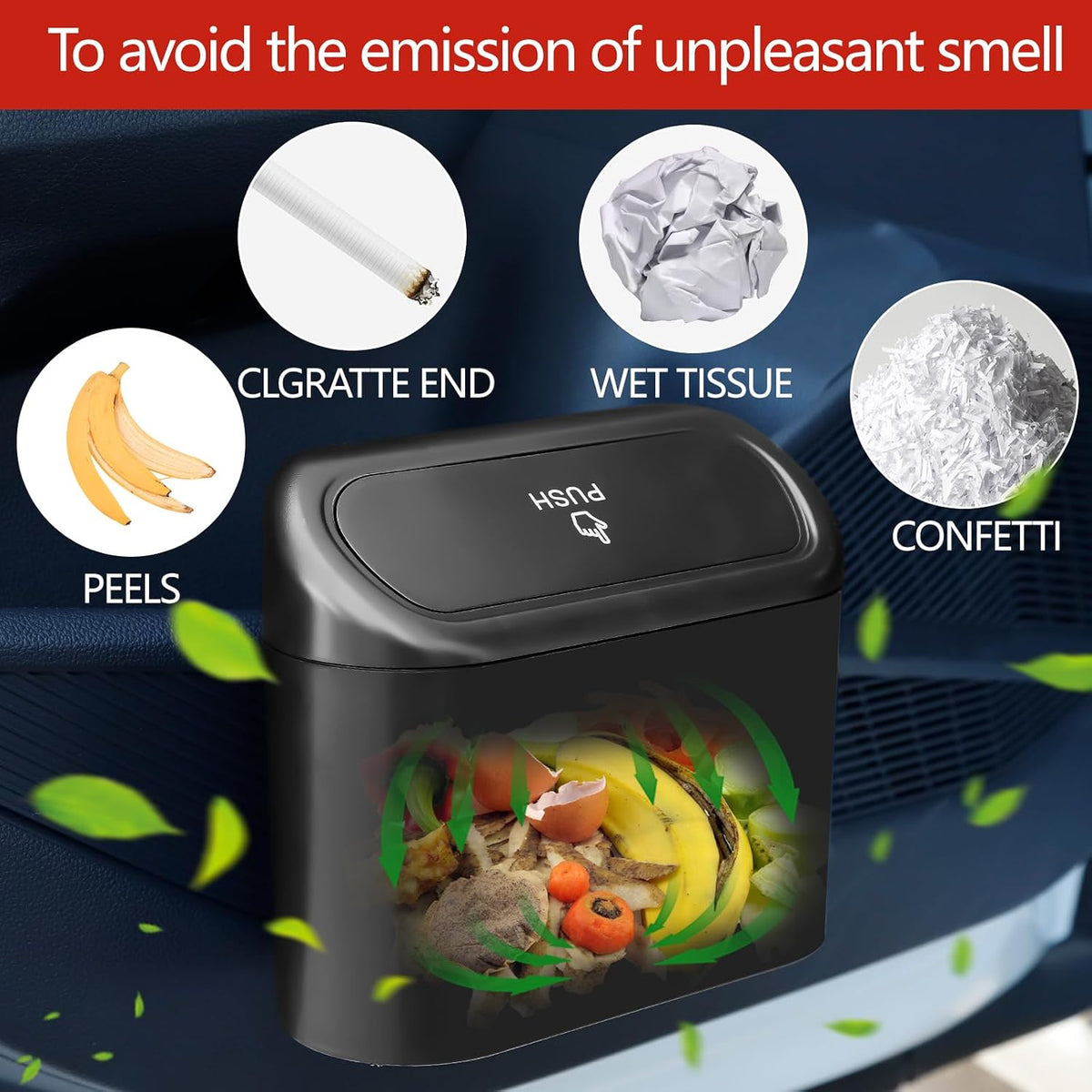 NBTEPEM Car Trash Can with Lid - 2 Pack, Mini Auto Garbage Can with 60 Trash Bags, Leakproof Automotive Garbage Container Bin, Multipurpose Organizers and Storage for Car, Home, Office (Black)