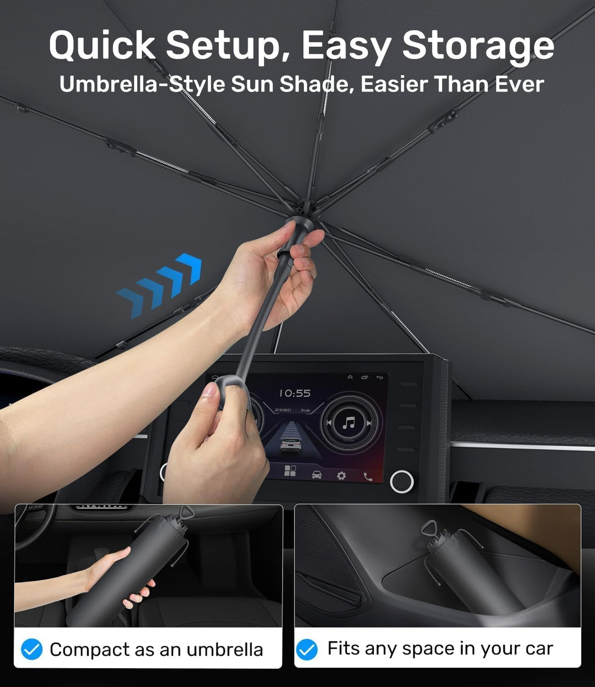 Zanch 2026 Upgraded Car Windshield Sun Shade [Cool Down by 75℉ ] with Heat Insulation Coating, Foldable Sunshade Umbrella Flexible Handle & Ribs, Medium (57''x32'') for Car, SUV, Truck, Van