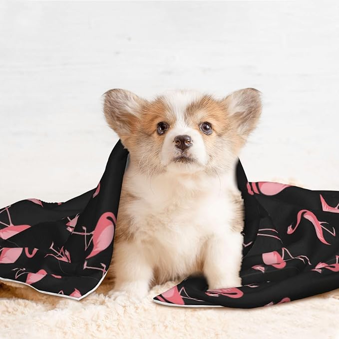 Two Sided Plush Pet Blanket for Crates Carriers Home Use, Pink Flamingo, Reversible Throw with Cozy Dot Fabric and Silky Reverse for Small Large Pets