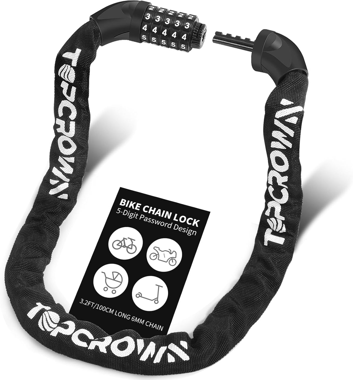 Topcrown Bike Chain Lock - 3.2Ft Long High-Security Anti-Theft Keyless Lock for Bikes & Scooters | Black