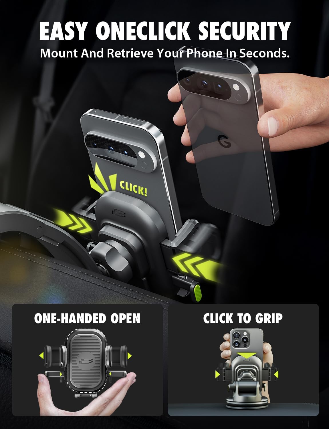 Bracketron OneClick Dashboard Cell Phone Holder for Your Car,Universal Car Phone Mount with Suction Cup,360 Rotation Dash Mount Cell Phone Holder for iPhone, Samsung, Google, Huawei,Other Smartphones
