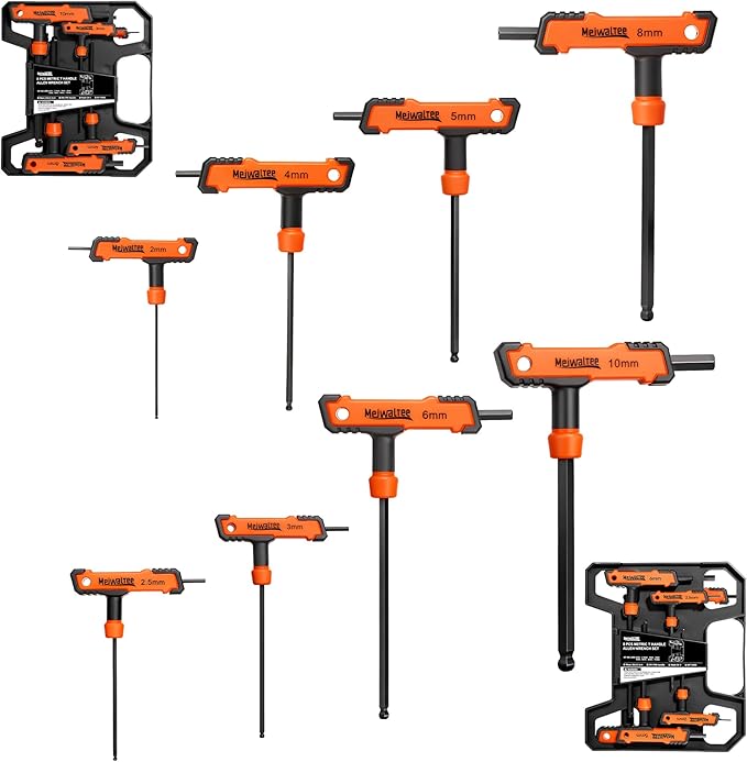 Meiwaltee 8 PCS Metric Extra Long Arm T Handle Allen Wrench Set, 2-10 mm, Ball Head, Standard Long Tee Handle Allen Hex Key Set, Heavy Duty Excellent Heat-treated CR-V Steel.