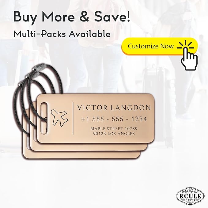 Personalized Luggage Tags for Suitcases - Stainless Steel Custom Luggage Tags for Backpacks & Bags, Sturdy, Waterproof & Heavy Duty (Rose Gold / 3" x 1.25")