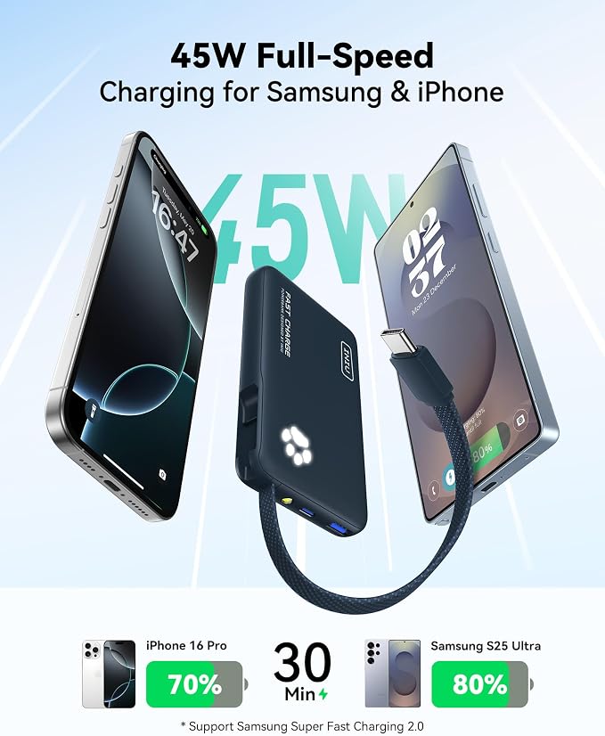 INIU Portable Charger, Slim 10000mAh Power Bank with Built-in USB-C, 45W Fast Charging Flight Travel Essentials, for College Students Men Women Girl Boy