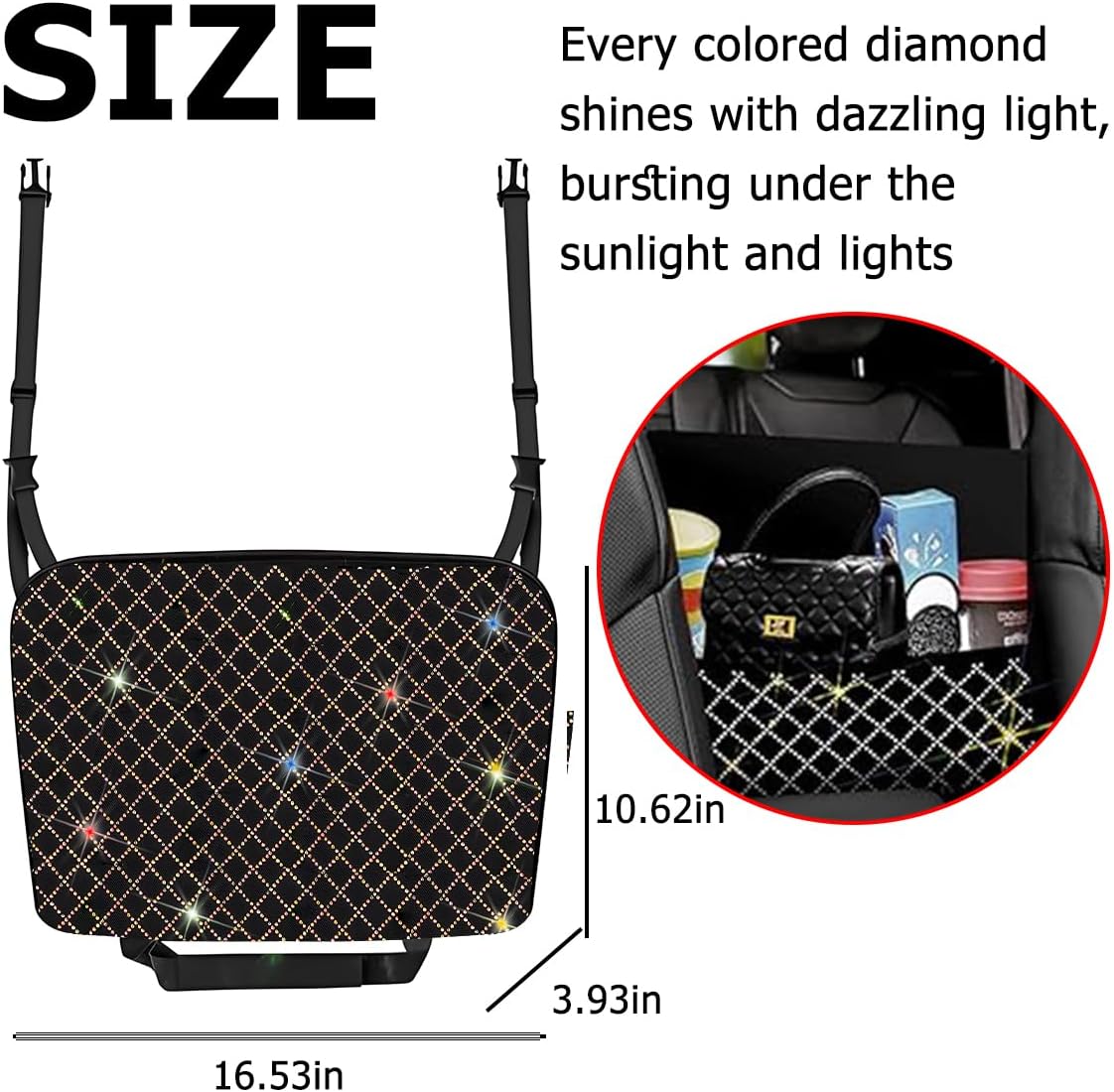 zipelo Bling Car Net Pocket Handbag Holder, Rhinestone Vehicle Backseat Purse Organizer Between Seats, Diamond Hanging Storage Bag Barrier of Pet Kids, Universal Automotive Accessories (Multicolor)