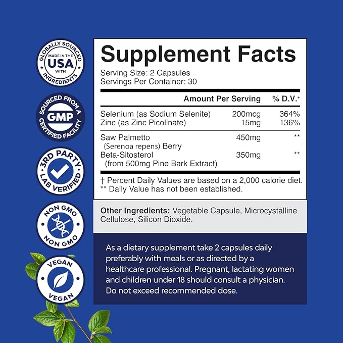 Saw Palmetto for Men with Beta Sitosterol - Saw Palmetto Extract Prostate Support Supplement for Men's Health & Better Bladder Control plus Restoring Hair Supplement for Hair Health for Men - 60ct