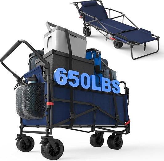 LEVELEVE Heavy Duty Folding Wagon - 2-in-1 Collapsible Cart, 650lb Capacity, All-Terrain Wheels w/Brakes & Side Pockets (Blue)