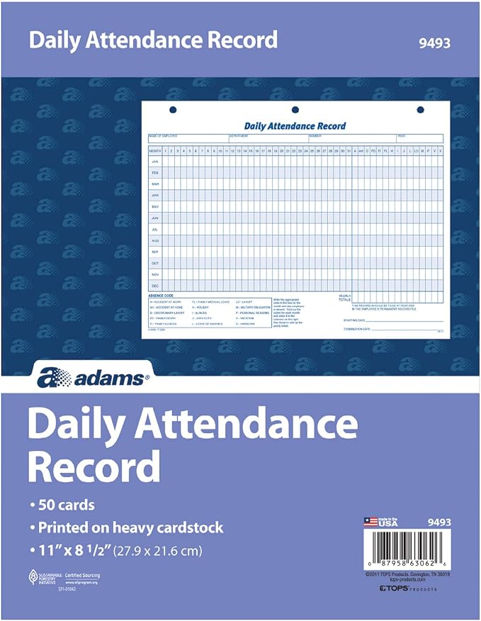 Adams Daily Attendance Record, 8.5 x 11 Inches, 3-Hole Punched