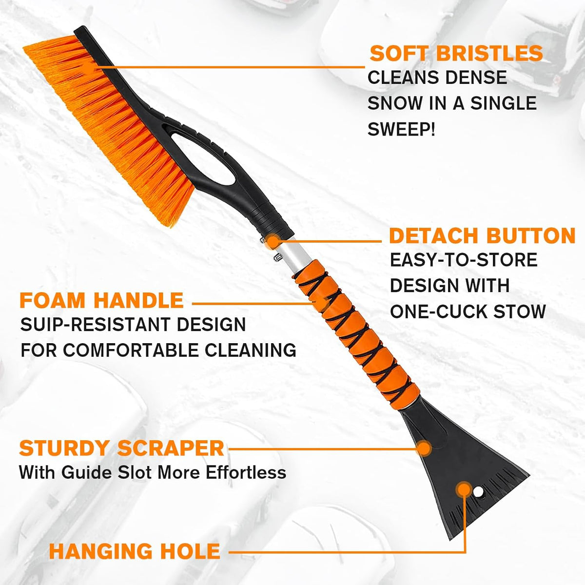 Snow Brush and Ice Scraper for Car Windshield - 27 Inch Detachable Snow Removal Tool with Ergonomic Foam Grip for Cars SUVs and Trucks Winter Car Accessories