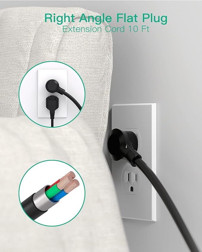 Extension Cord 10 FT, Flat Plug Power Strip Surge Protector with 8 Wide Outlets 4 USB Ports, 3-Side Outlet Extender, Mounted, Overload Protection, for Indoor Home Office, Dorm Room Essentials