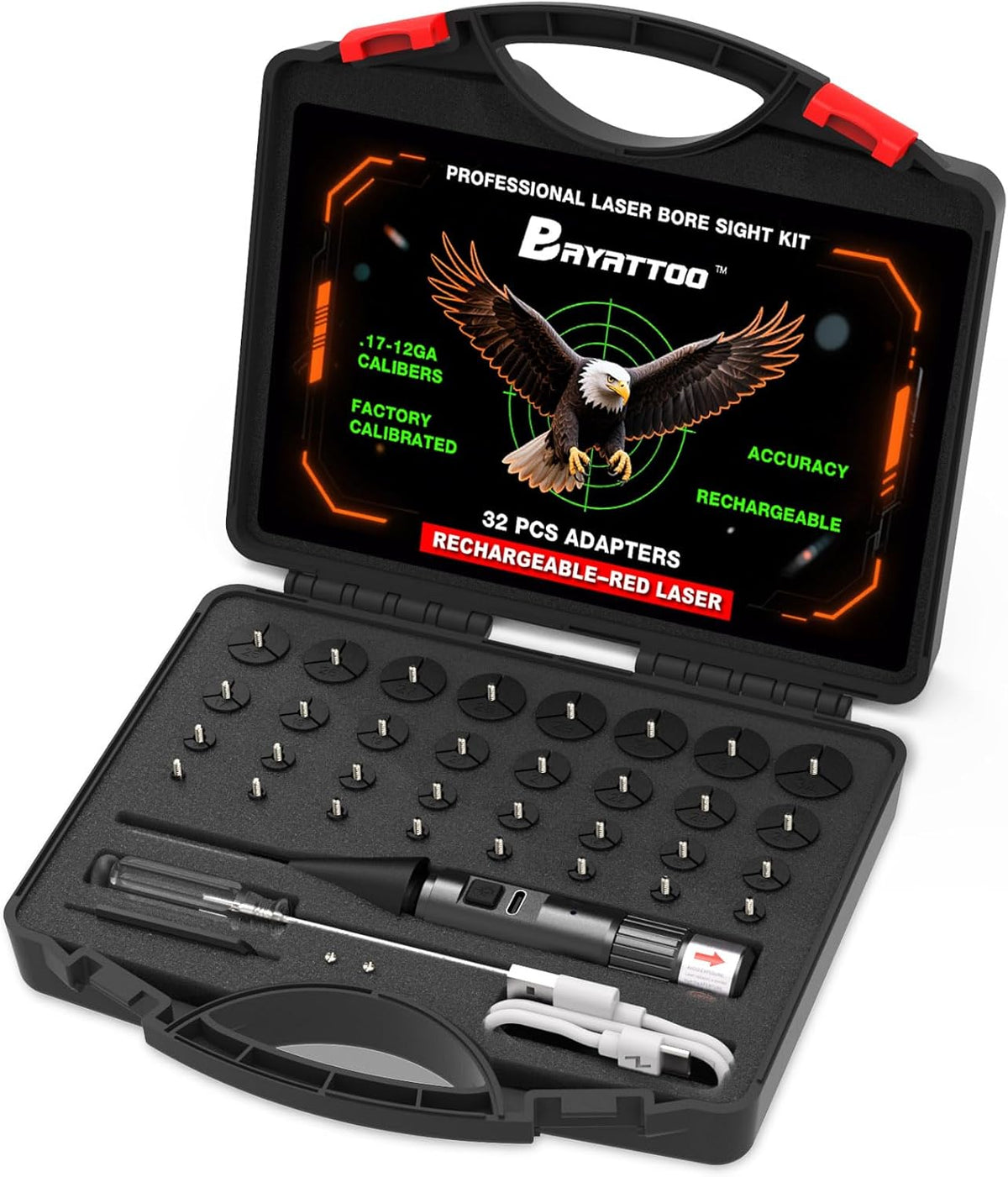Upgraded Bore Sight Laser by [Brand Name] - Rechargeable Green/Red Laser with 32 Adapter Kit | Fits .17 to 12GA Calibers