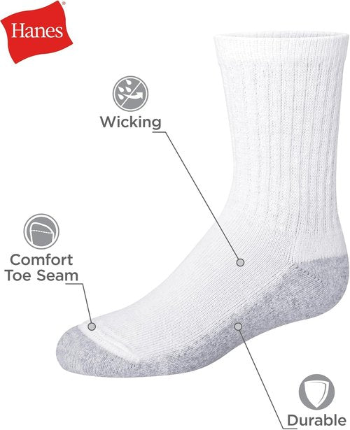 Hanes Boys' Socks - Moisture-Wicking Stretch-Cotton Crew, Ankle & No Show | 12 & 14 Pack, Black & White