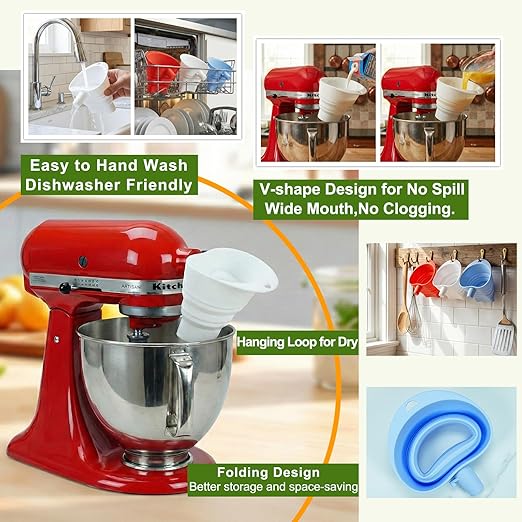 Flour Funnel for Kitchen Aid Mixer with Spatula & Brush Set - Silicone Collapsible Stand Mixer Attachment Compatible with KitchenAid 4.5-5 QT Tilt-Head (KSM150), Mess Free Dishwasher Safe (RED)