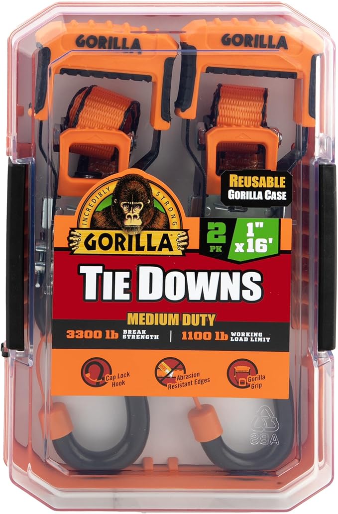 Gorilla 93001 2 Pack 1" x 16' Ratchet Strap with Orange Gorilla-Grip Handle
