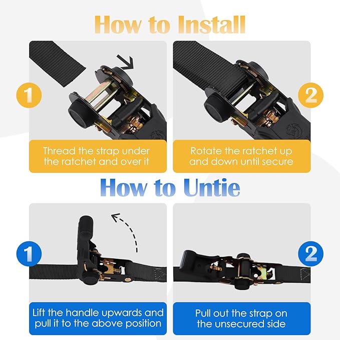 Ratchet Straps 4 Pack - 1,826 Lbs Break Strength 1 in x 15 Ft Medium Duty Ratchet Tie Down Straps with S Hooks Set for Truck, Cargo Van, Trailer, Motorcycle (Black)