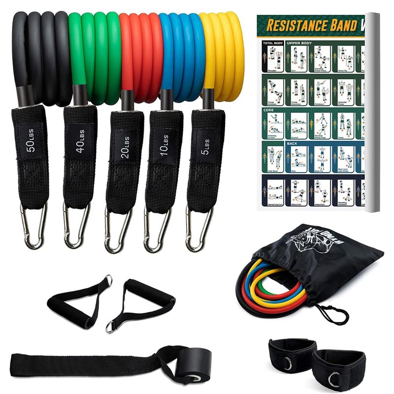 Ryno Tuff 12 Pc Resistance Bands Set - 5 Workout Bands, Cushioned Ankle Straps, Padded Handles, Door Anchor & Waterproof Gym Bag - Home Exercise, Strength Training, Physical Therapy, Yoga Fitness Gear