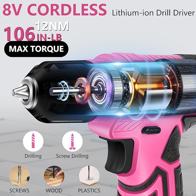 JENABOM Tool Set - 8V Cordless Drill Set, 127 Piece Home Tool Set With Hand Drill, Tool Kit for Women & Men, Perfect for Homeowner, Diyer, Handyman, Pink