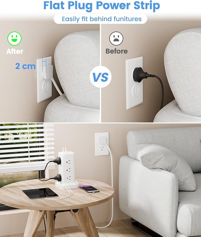 15-in-1 Power Strip Tower with Surge Protector 1800J, Fast Charging Tower PD20W USB-C Ports with 12 AC Outlets, 15ft Extension Cord for Home Office Dorm Room, White