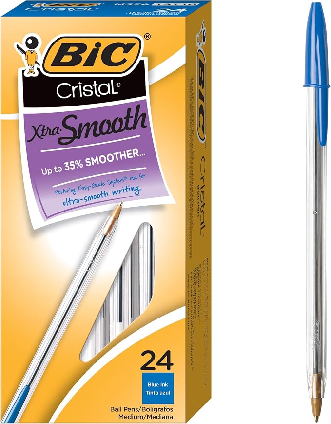 BIC Cristal Xtra Smooth Blue Ballpoint Pens, Medium Point, School Supplies