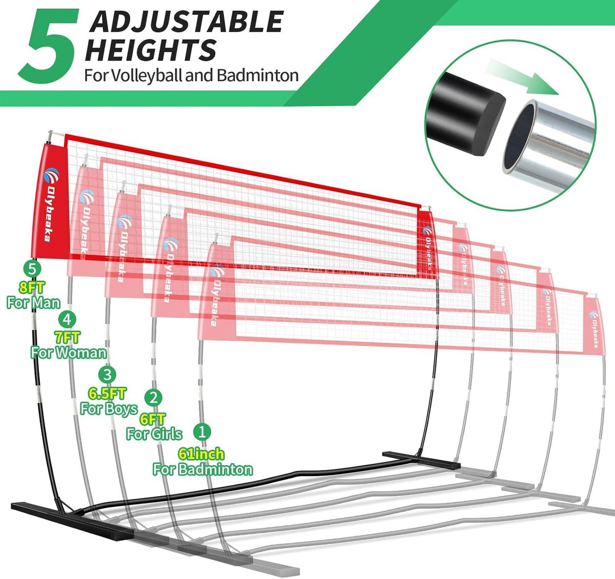 Portable Volleyball Net - 5-Height Adjustable Backyard Set with Widened Base & Carry Bag | 12ft/14ft