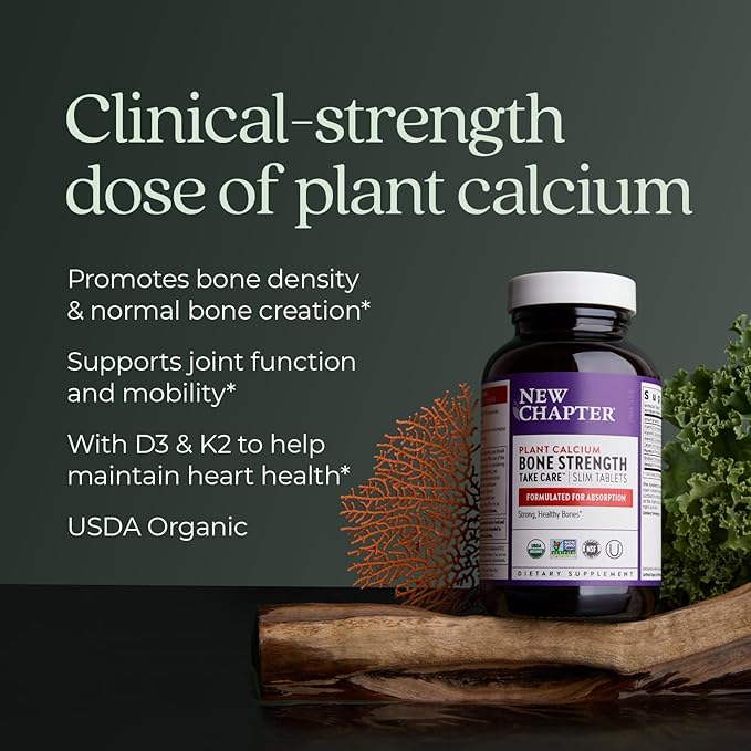 New Chapter Calcium Supplement - Bone Strength Organic Calcium with Magnesium, Vitamin D3+K2, 70+ Trace Minerals for Bone Health, Gluten Free, Easy to Swallow Slim Tablets - 120 Count