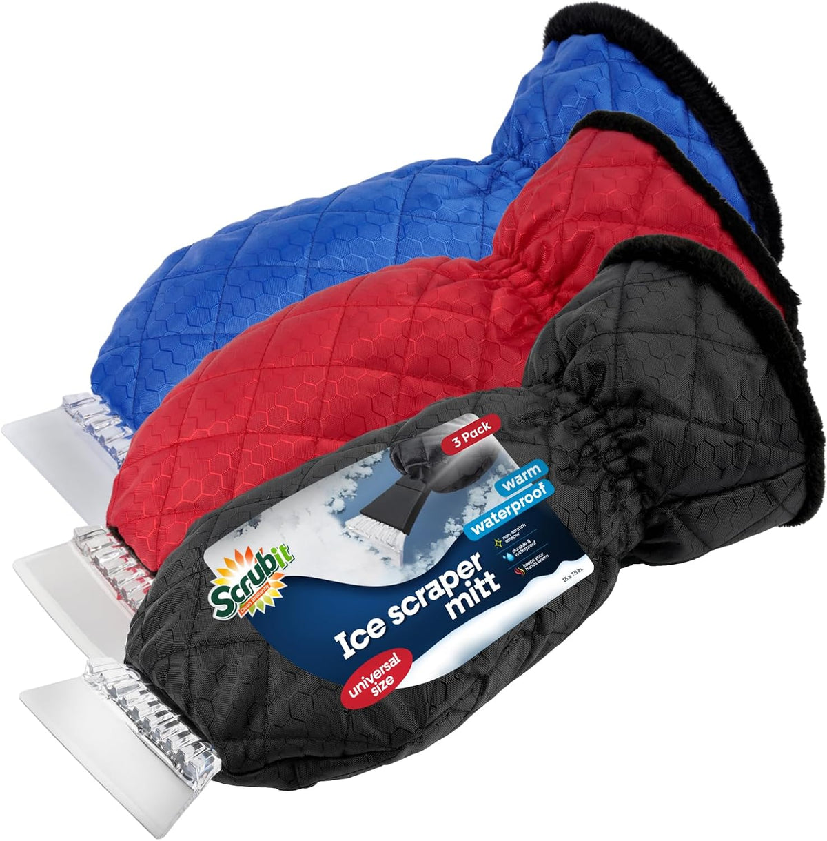 SCRUBIT [3 Pack Ice Scraper with Glove - Car Windshield Scraper for Ice and Snow w/Fleece Mitt - Scrape and Remove Snow While Staying Warm - Waterproof Car Scraper Snow Brush (Black, Blue, Red)
